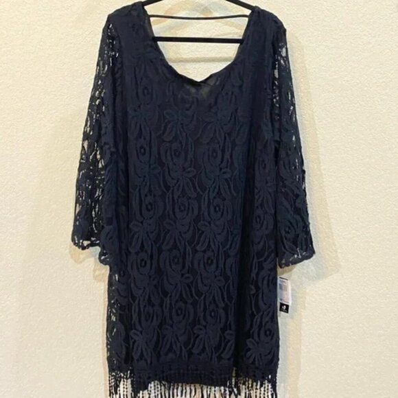 NWT ING+ Lace Black Dress Bell Sleeves and fringe bottom Size 3X - Picture 1 of 8